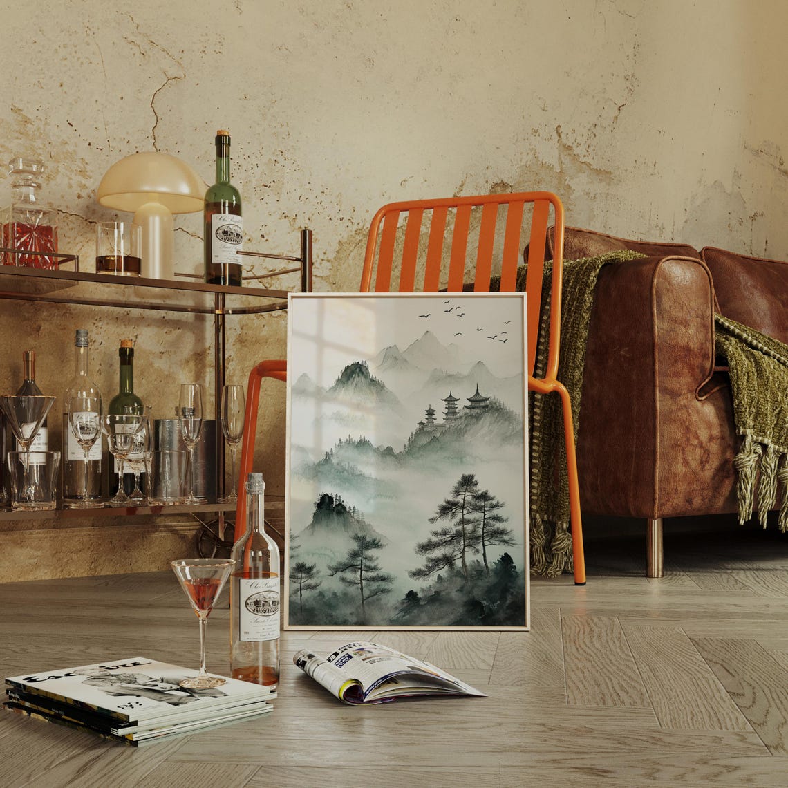 Misty Mountain Pagodas Chinese Ink Wash Zen Landscape Poster - Image 3