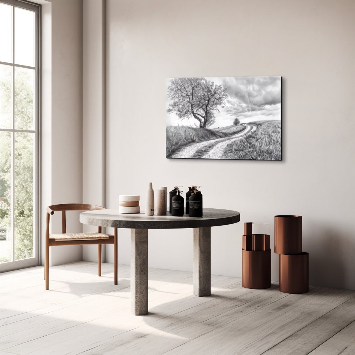 Lone Oak Tree On Rolling Hill Charcoal Drawing Winding Path Poster - Image 6