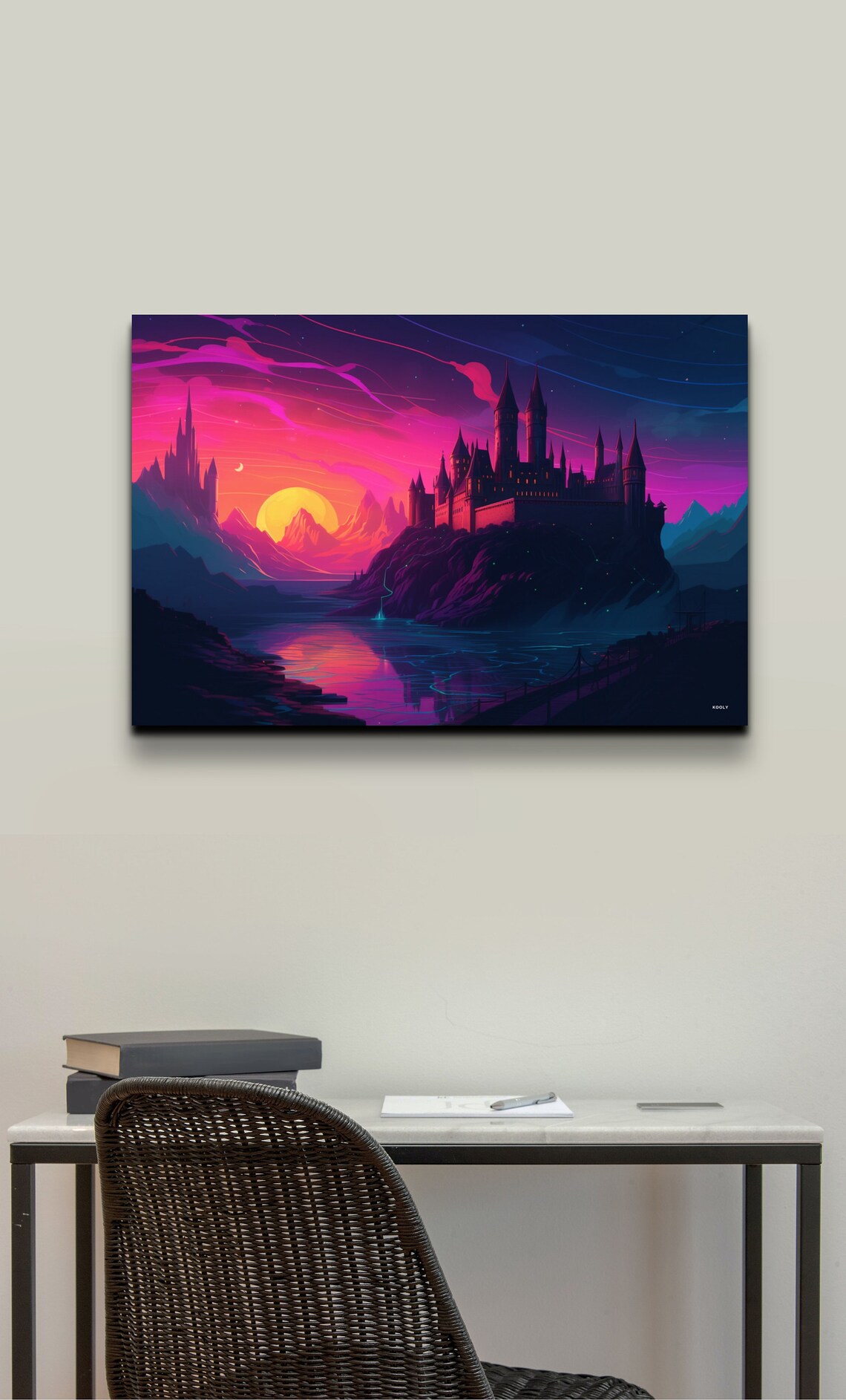 Mystic Fantasy Castle Sunset Lake Neon Pink Dream Sky Art Poster - Image 3