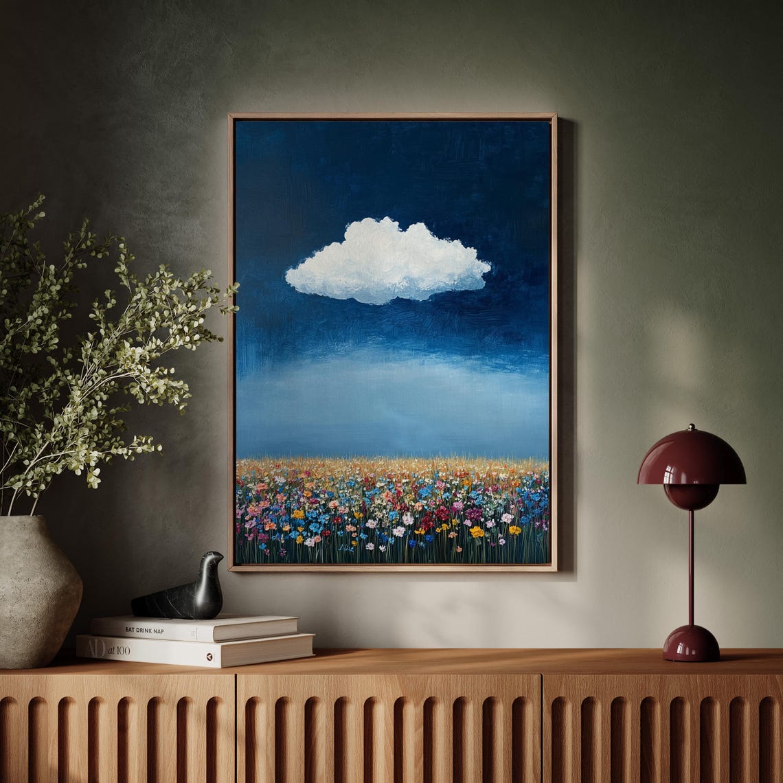 Lone White Cloud Over Wildflower Field Deep Blue Night Art Poster - Image 6