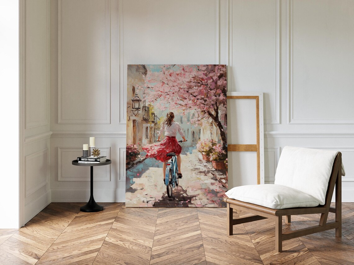 Spring Cherry Blossom Lane Woman Cycling Oil Painting Poster - Image 4