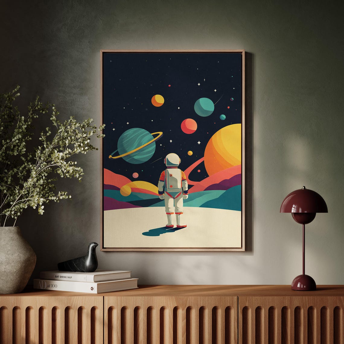 Astronaut Canvas Wall Art Retro Space Exploration Poster With Planets And Stars Midcentury Modern Scifi Outer Home Dcor