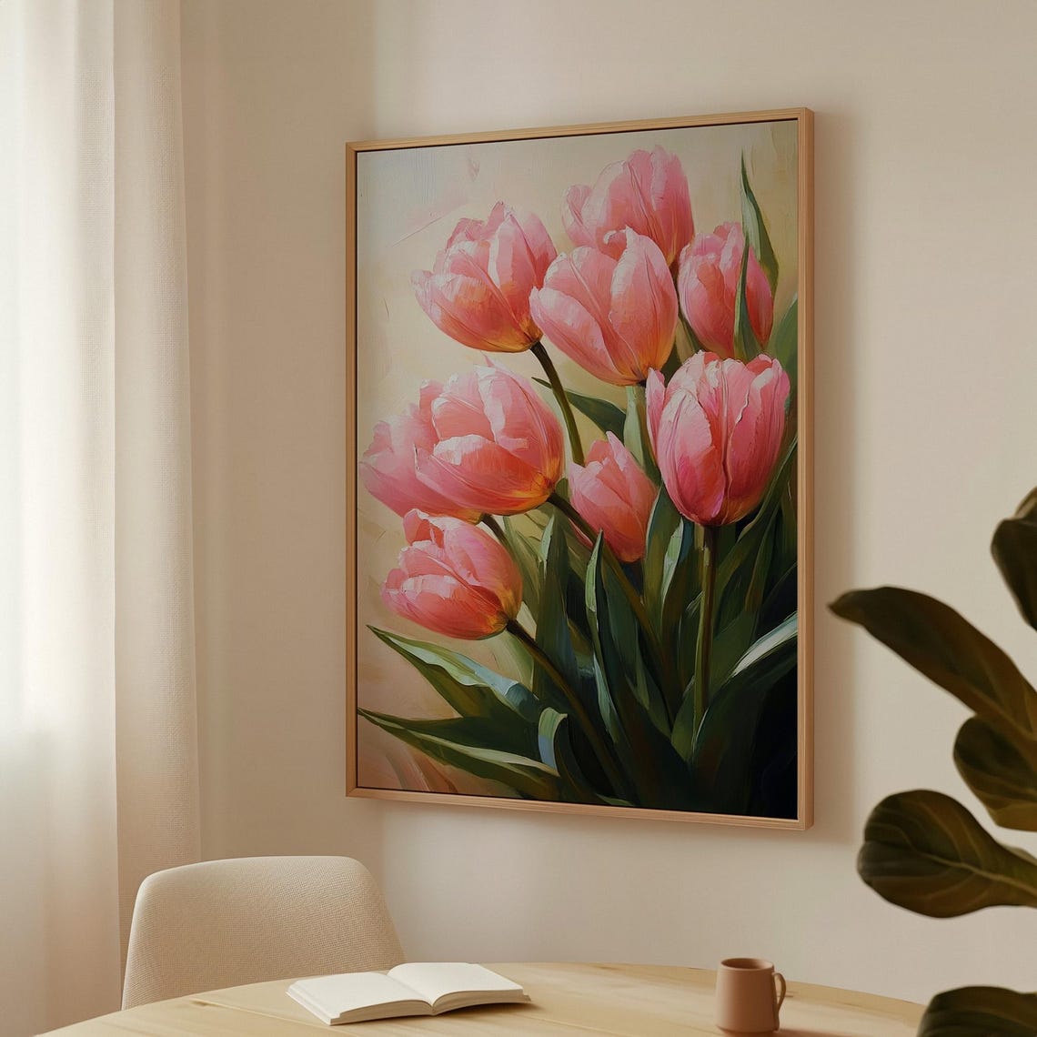 Pink Tulips in Soft Sunlight Cheerful Floral Painting Wall Art - Image 4
