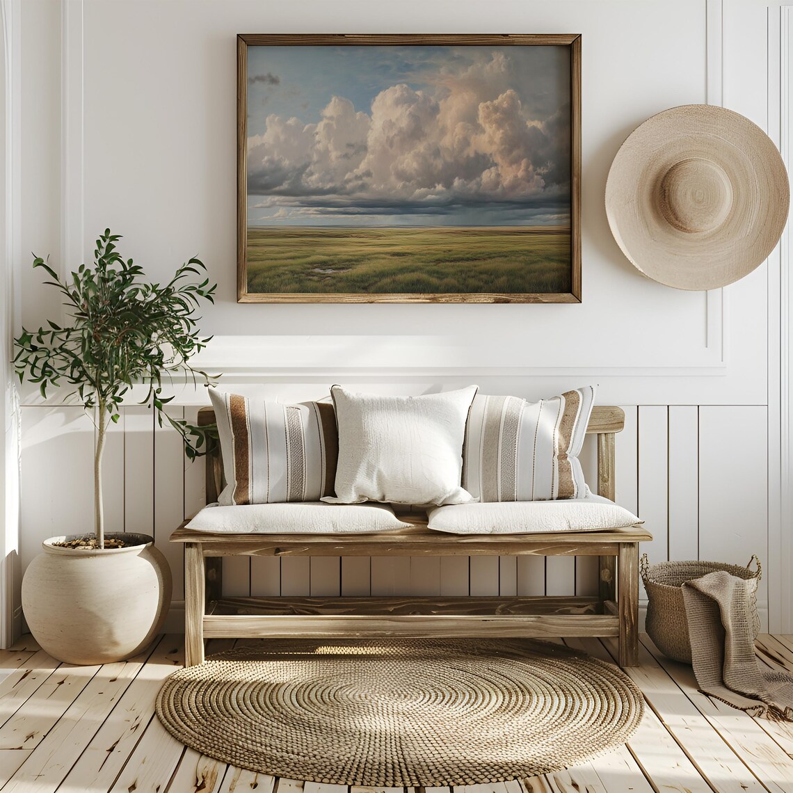 Vast Prairie Landscape Painting Towering Cumulus Clouds Grassland Print