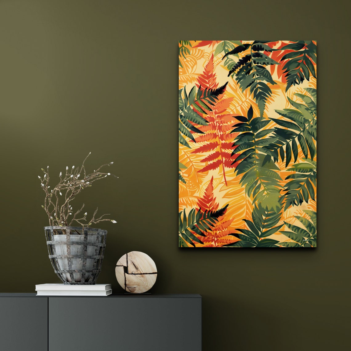 Autumn Fern Leaves Pattern Orange Green Botanical Wall Print - Image 3