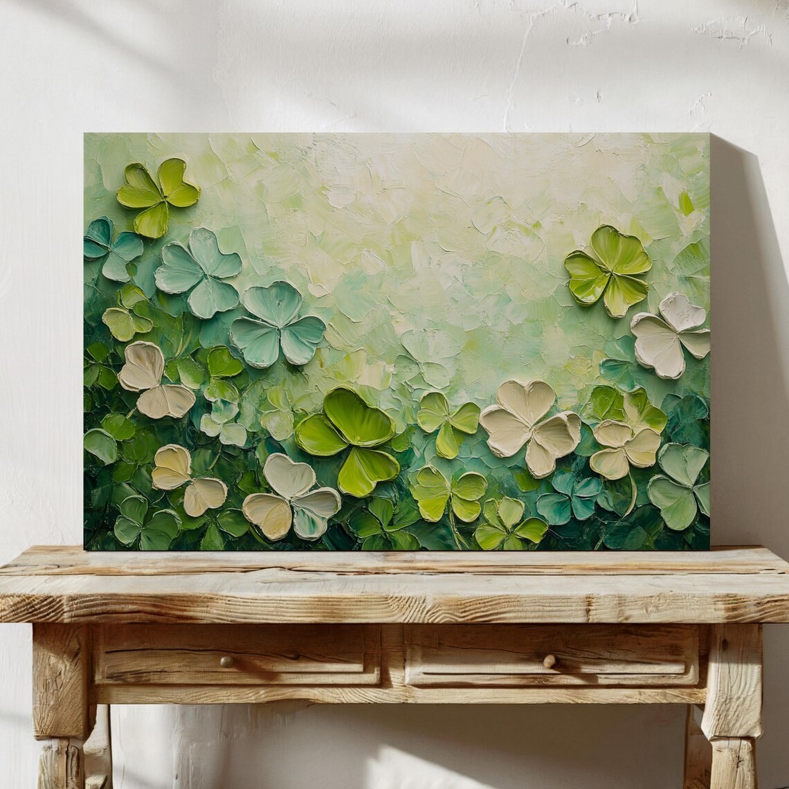 Impasto Green And White Clovers Textured Botanical Garden Wall Art - Image 3