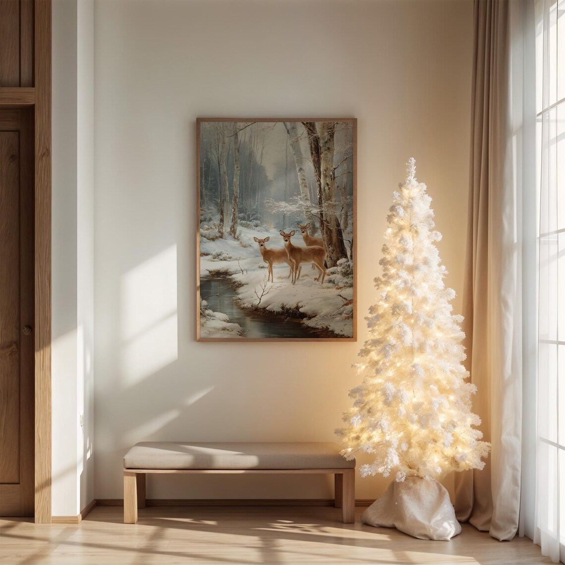 Deer By Snowy Creek, Winter Forest Art Print