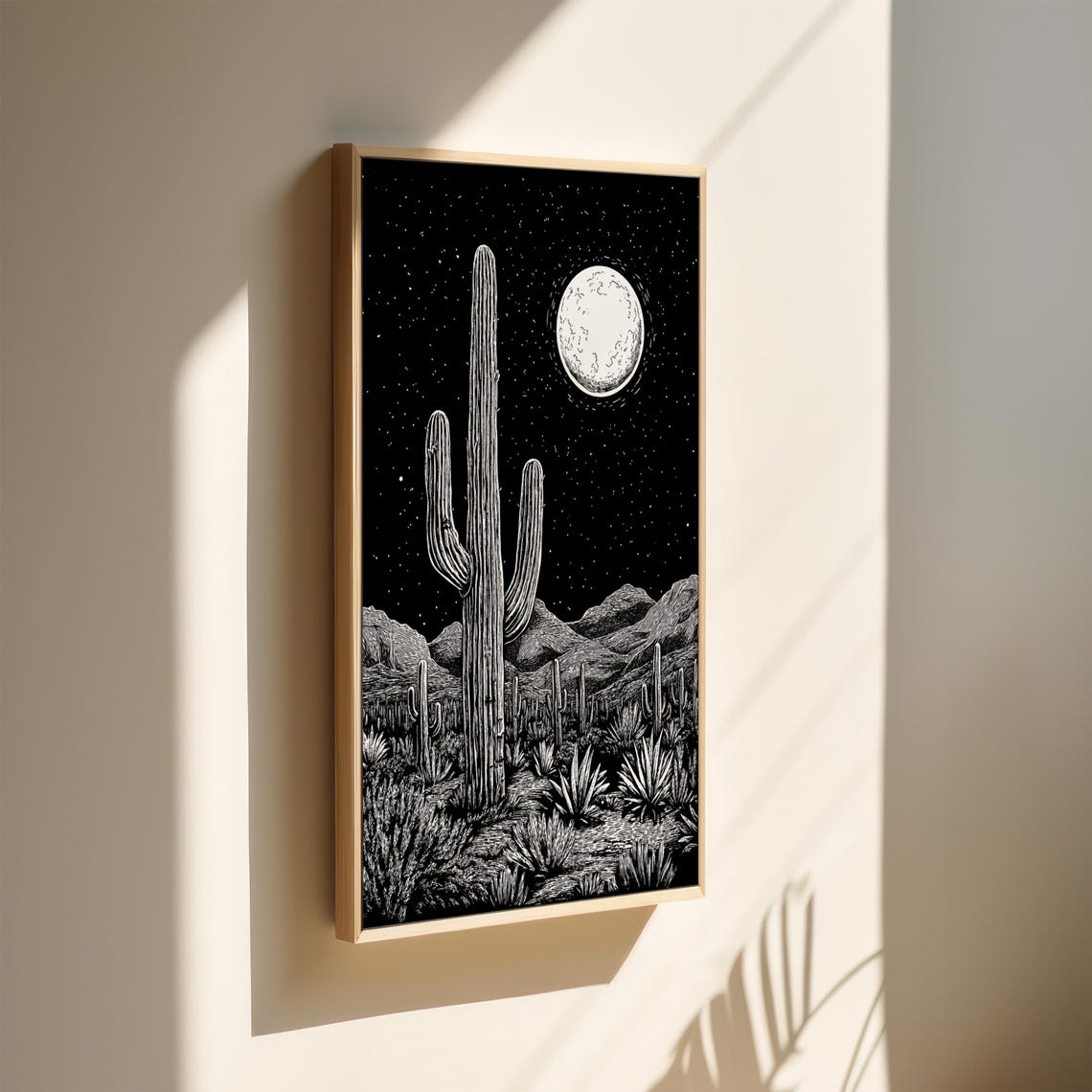 Saguaro Cactus Under Full Moon Starry Desert Night Art Poster - Image 2