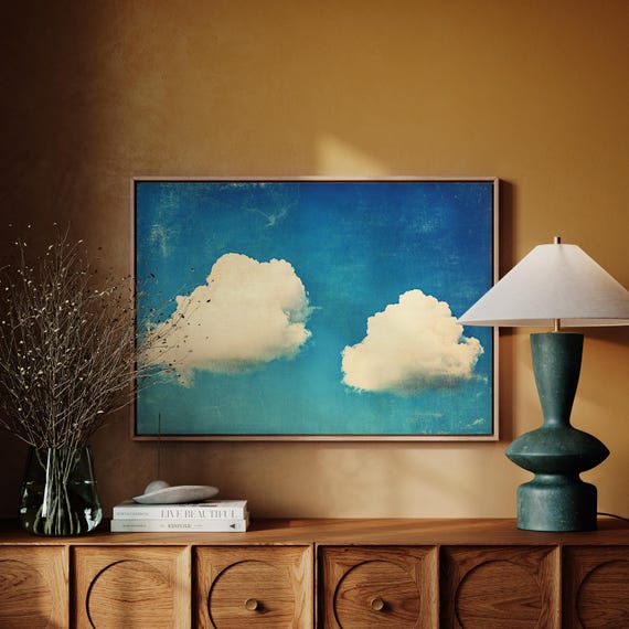 Vintage Cloudscape Art Two Fluffy Clouds Against Textured Blue Sky Minimalist Wall Decor For Serene And Calm Spaces