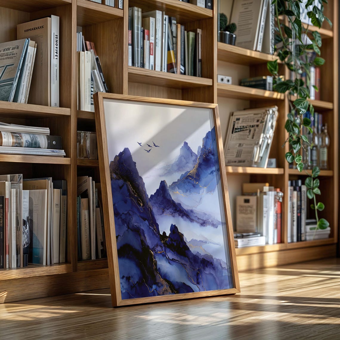 Abstract Blue Mountain Landscape With Birds