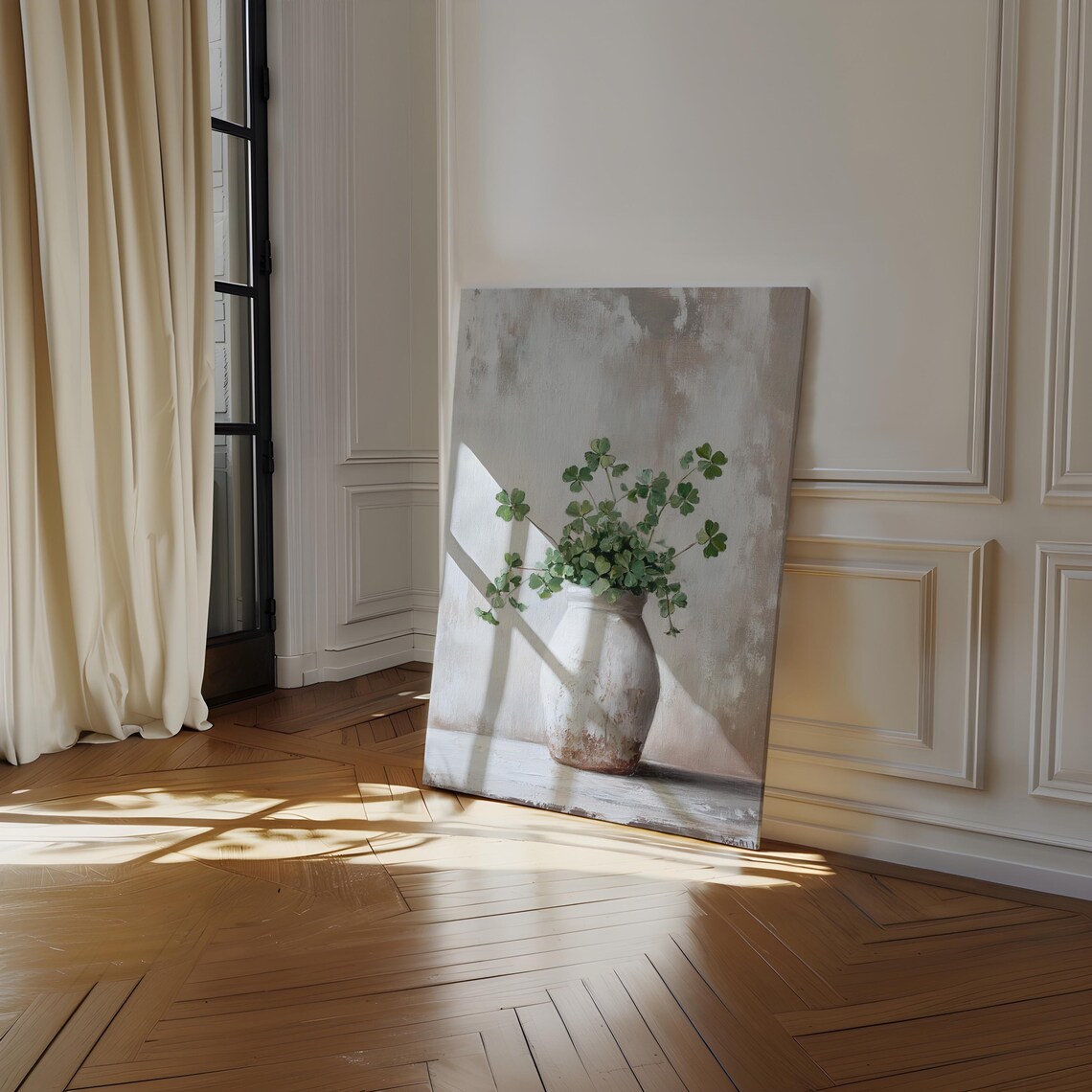Rustic White Vase With Shamrock Bouquet Art Print - Image 4