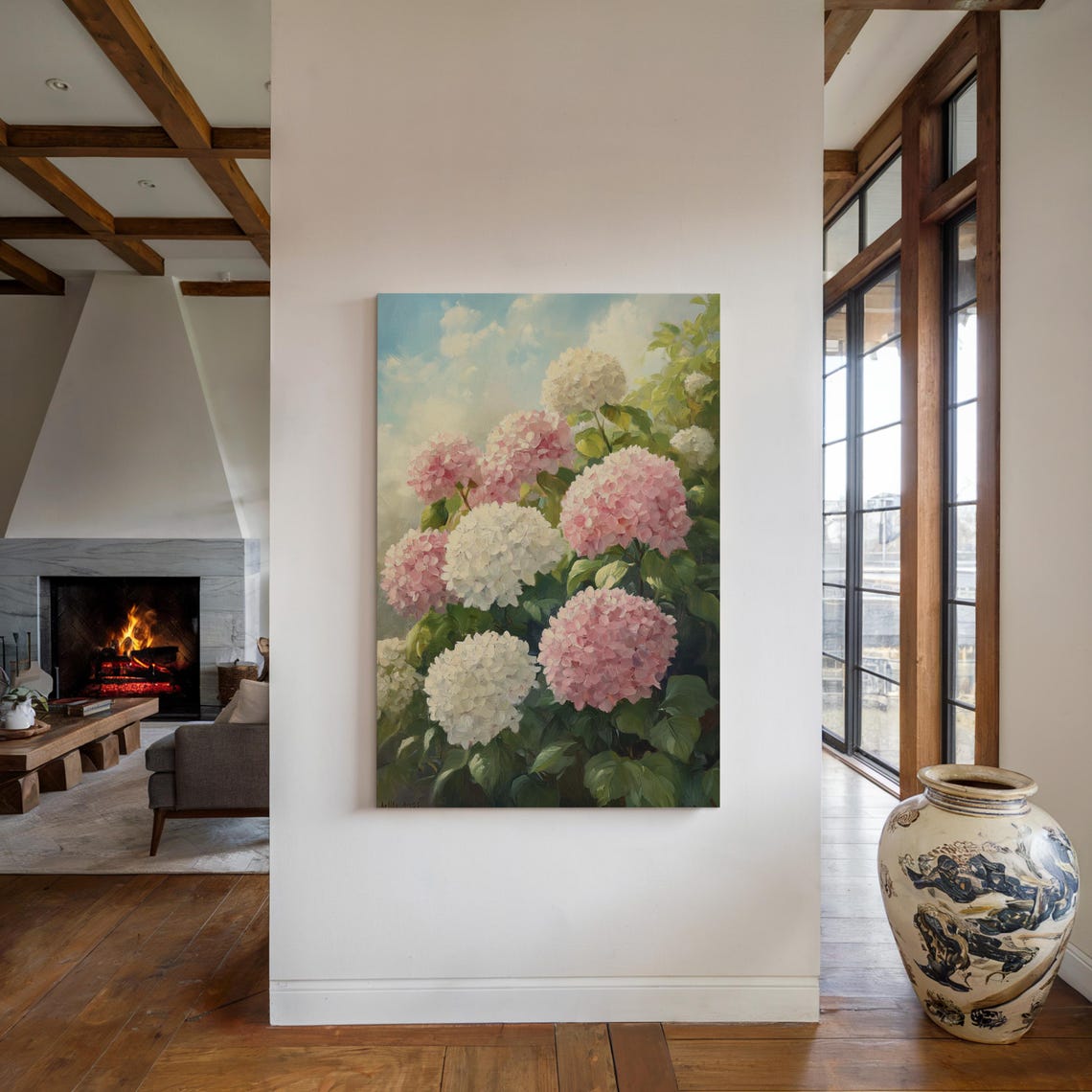 Pink White Hydrangea Blossoms Lush Floral Oil Painting Poster - Image 5