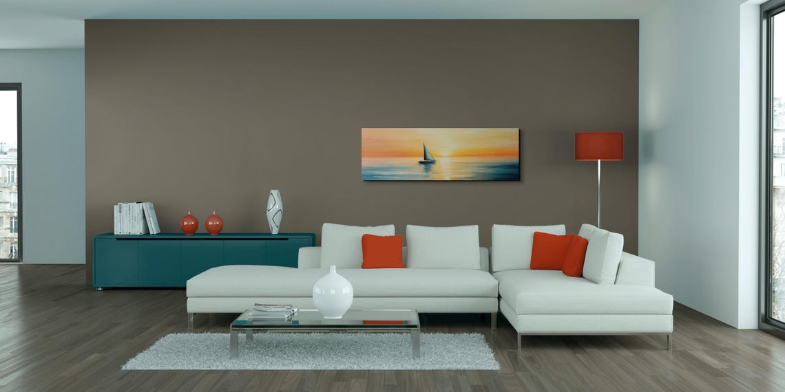 Lone Sailboat On Sunset Sea Orange Sky Panoramic Ocean Poster - Image 3