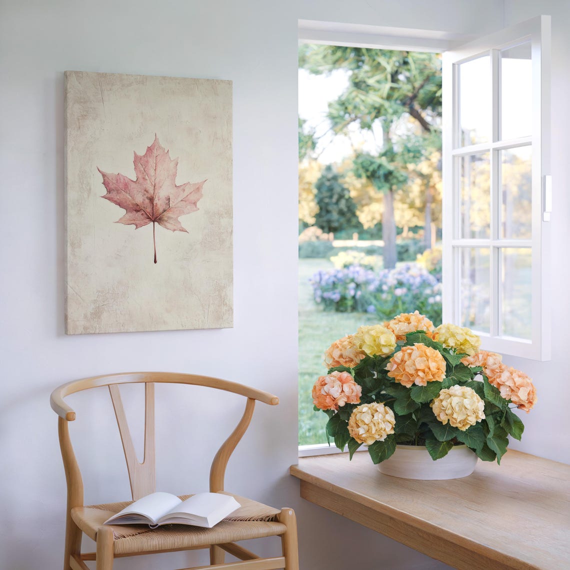 Single Blush Pink Maple Leaf On Textured Beige Autumn Wall Art - Image 3