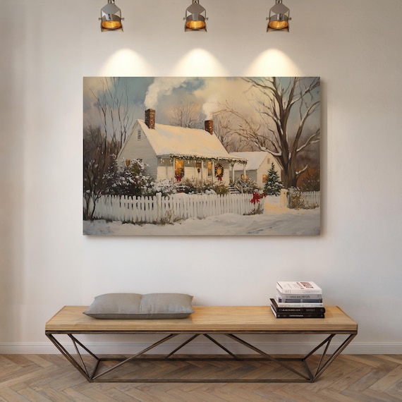 Snowy Christmas Farmhouse White Picket Fence Wreath Winter Poster