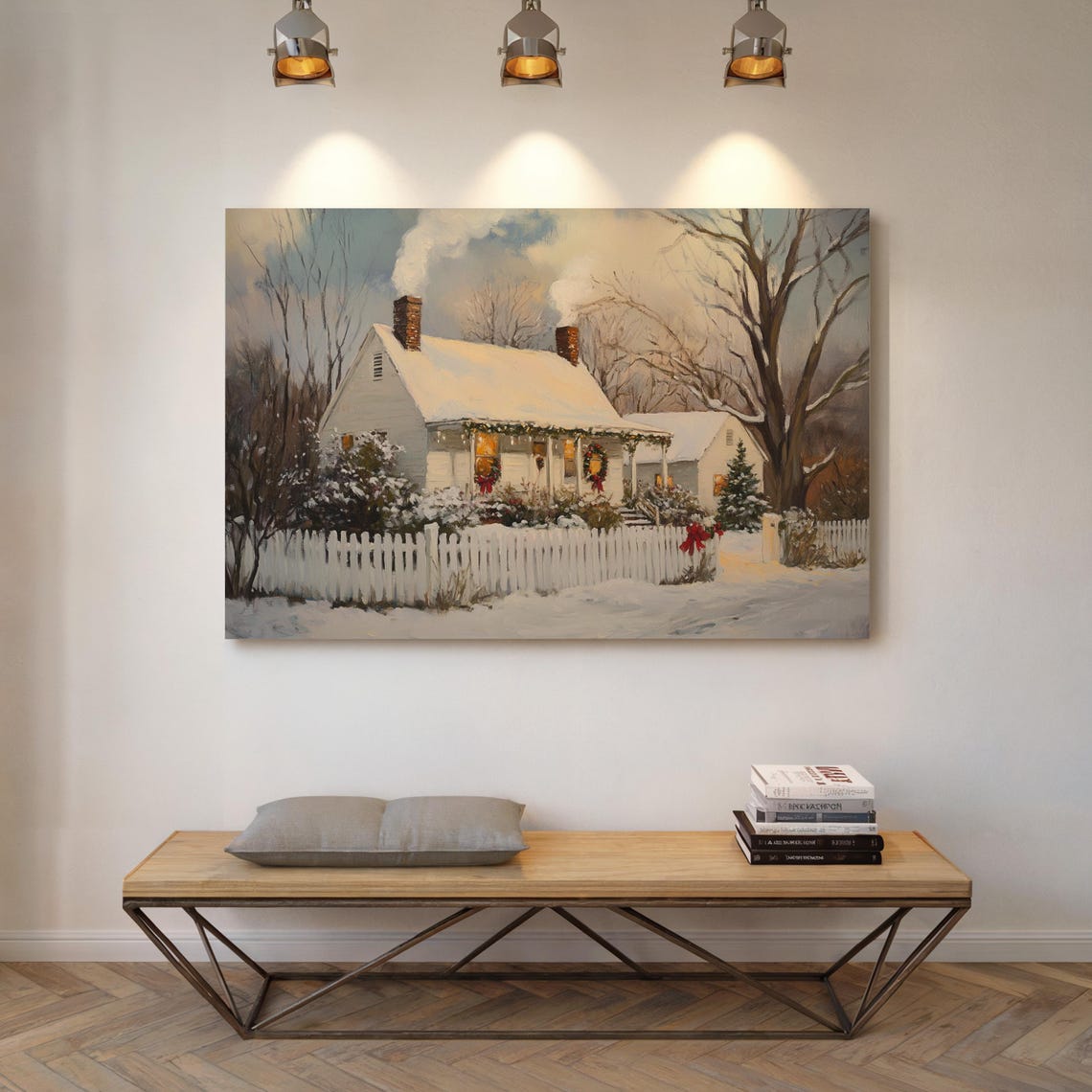Snowy Christmas Farmhouse White Picket Fence Wreath Winter Poster