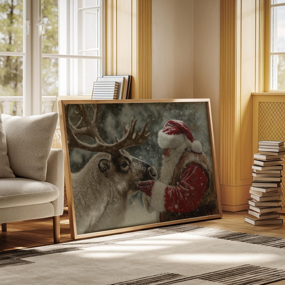 Santa Claus Feeding His Reindeer Nose To Nose In Falling Snow Poster - Image 6