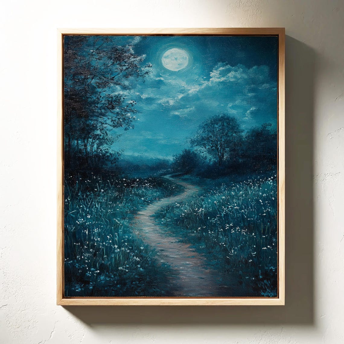 Moonlit Path Through Teal Night Forest Tranquil Landscape Art Poster - Image 6