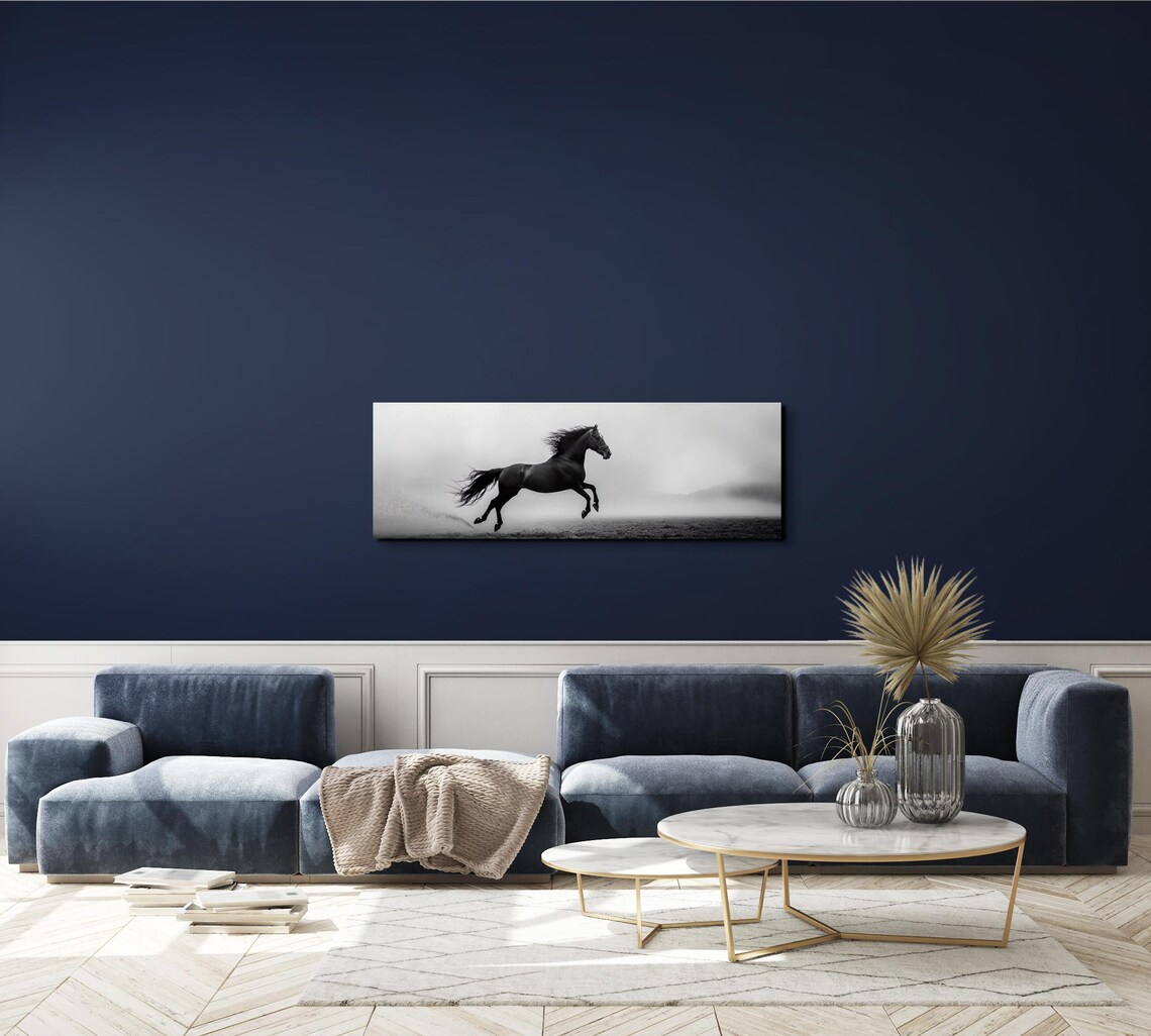 Black Horse Galloping Monochrome Misty Field Dramatic Art Poster - Image 3