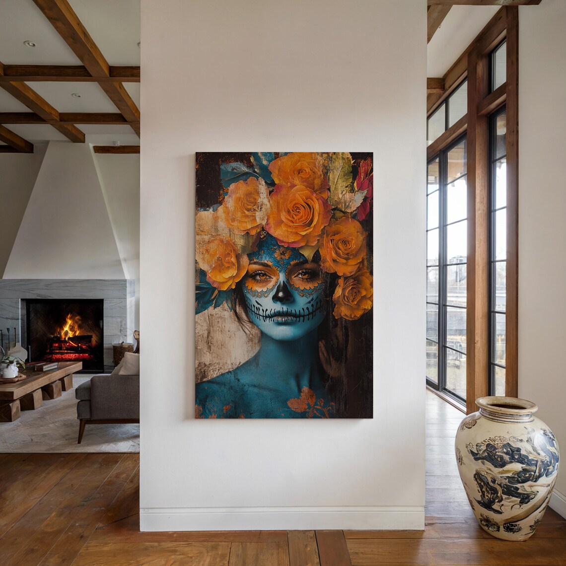 Blue Sugar Skull Orange Roses Dia De Los Muertos Mexican Art Poster - Image 4