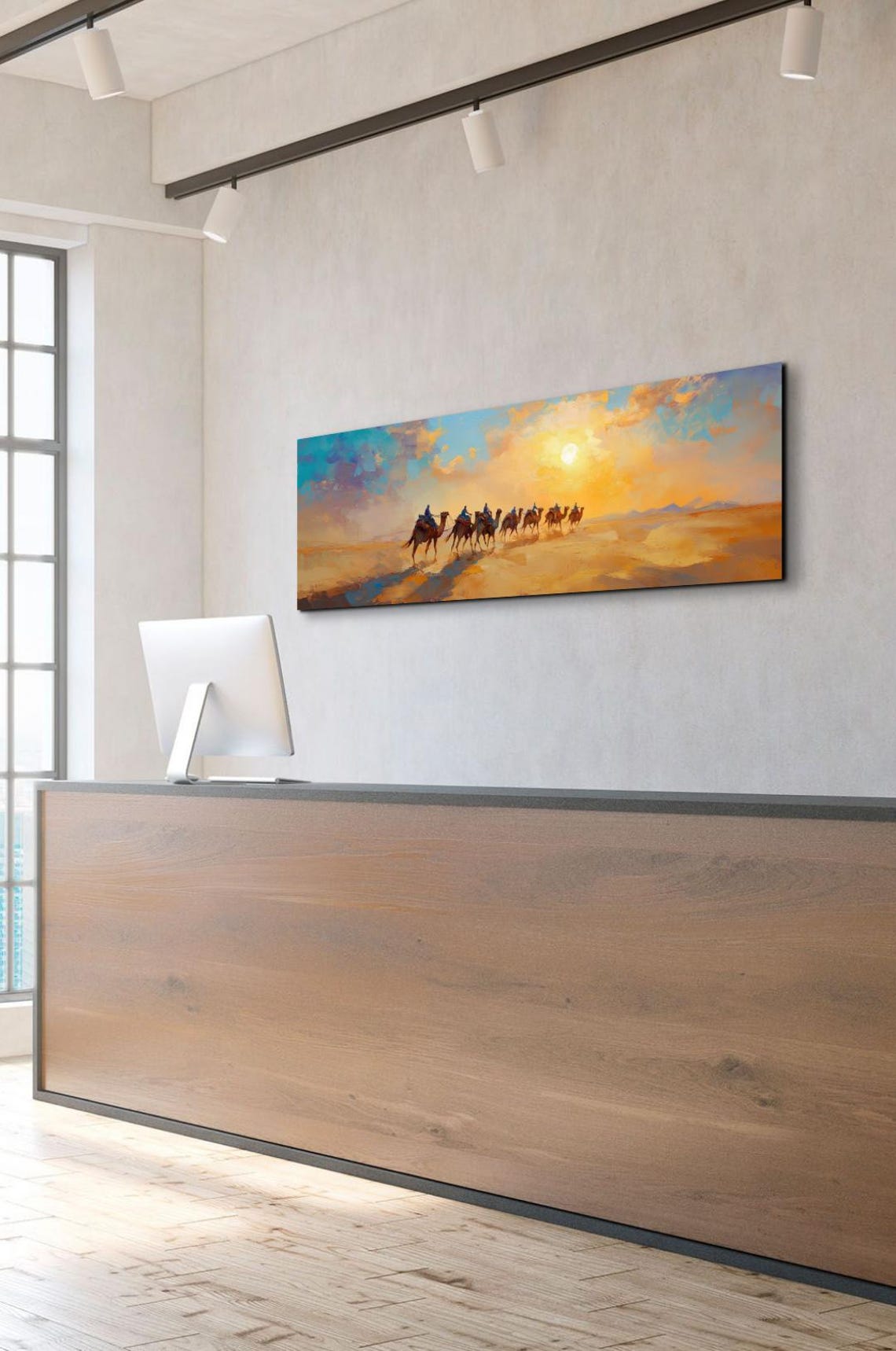 Sunset Desert Camel Caravan Line Mountain Horizon Panoramic Poster - Image 3