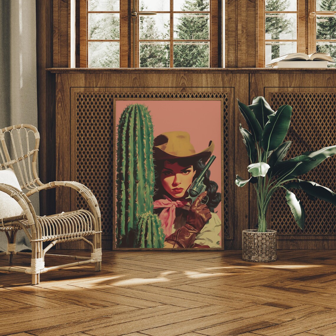 Cowgirl With Revolver Beside Desert Cactus Art Print