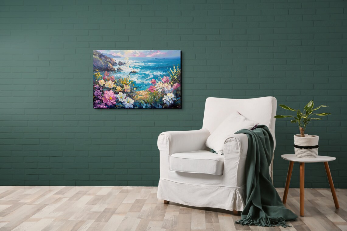 Ocean Waves Over Flowering Coast Pink Blossom Seascape Poster - Image 5