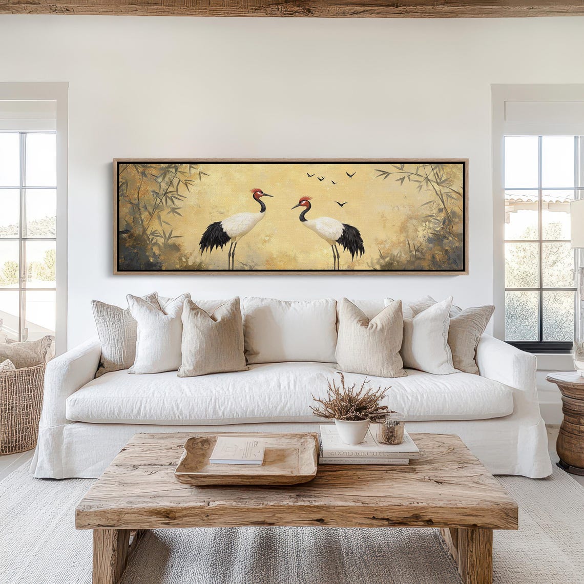 Red Crowned Cranes Facing Each Other Golden Japanese Bamboo Art Poster - Image 6