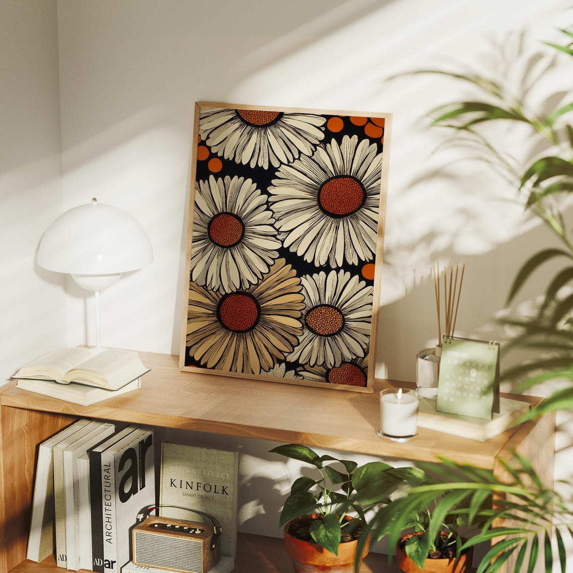 Retro Daisy Floral Pattern 1970s Vintage Botanical Art Poster