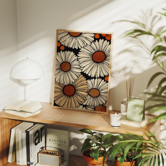 Retro Daisy Floral Pattern 1970s Vintage Botanical Art Poster