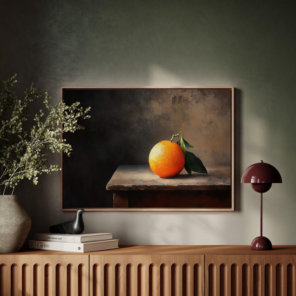 Single Orange on Rustic Wooden Table Chiaroscuro Still Life Poster