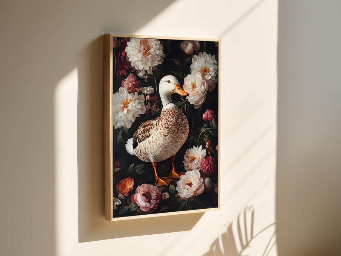 Duck Standing Among White and Pink Peonies Dark Floral Poster - Image 7