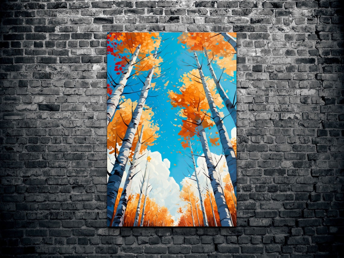 Golden Autumn Birch Trees Reaching Toward a Bright Blue Sky Poster - Image 2