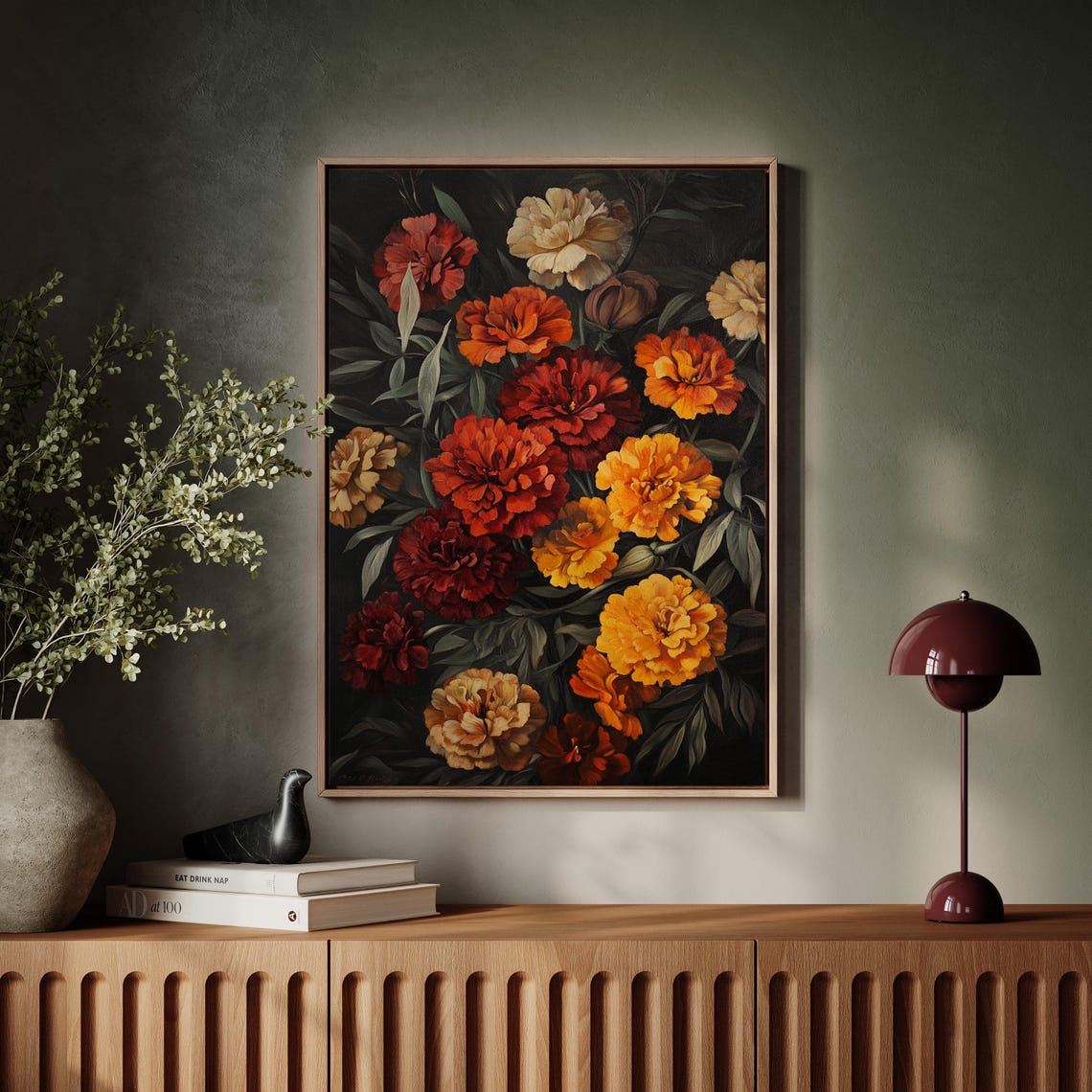 Marigold Blooms in Burnt Orange on Black Moody Floral Art Poster - Image 7