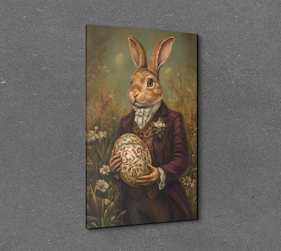 Victorian Rabbit in Burgundy Coat Holding Decorated Egg Poster - Image 3