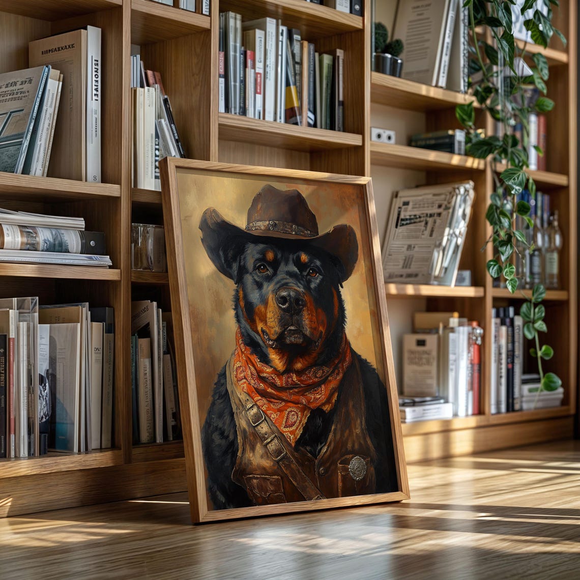 Rottweiler Cowboy Sheriff Portrait Western Dog Oil Style Poster