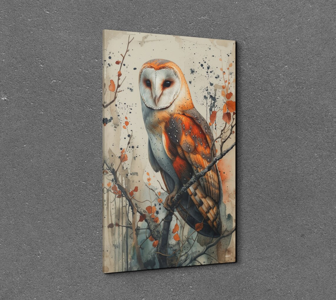 Barn Owl Watchful Gaze Branch Watercolor Woodland Bird Poster - Image 3
