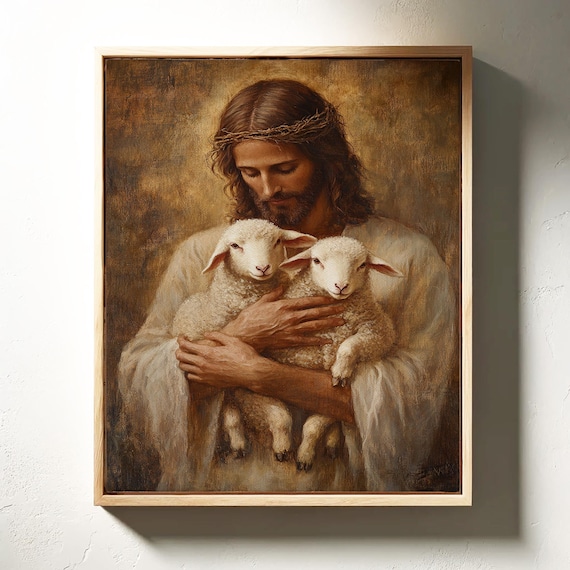 Jesus Good Shepherd Holding Two White Lambs Heartfelt Poster