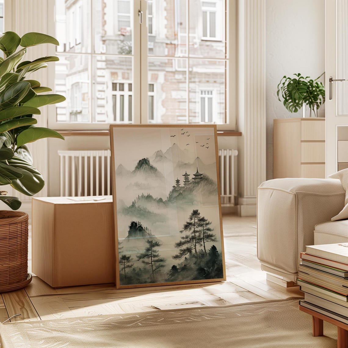 Misty Mountain Pagodas Chinese Ink Wash Zen Landscape Poster - Image 2