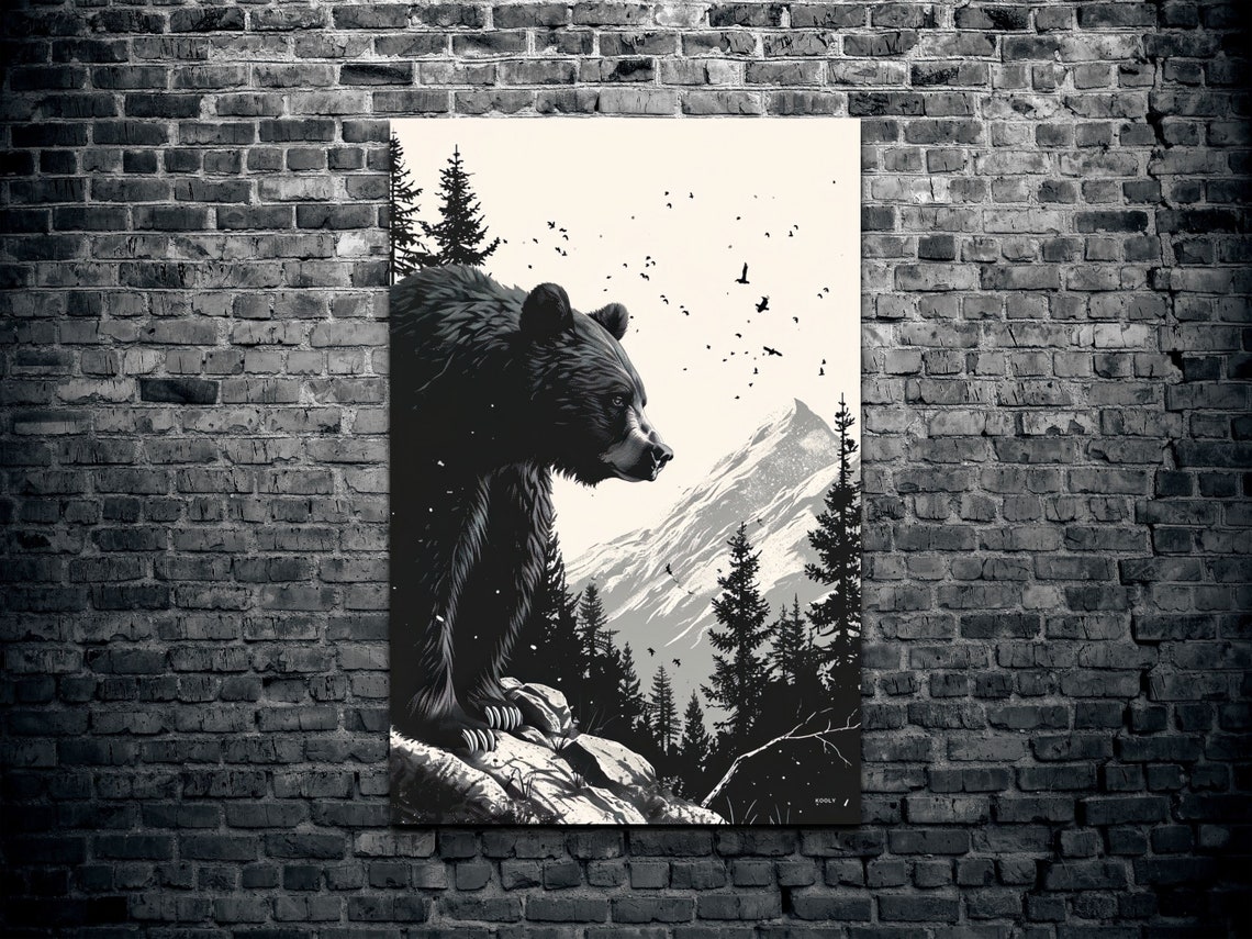 Black Bear Mountain Ink Art Wilderness Wildlife Forest Wall Art - Image 2