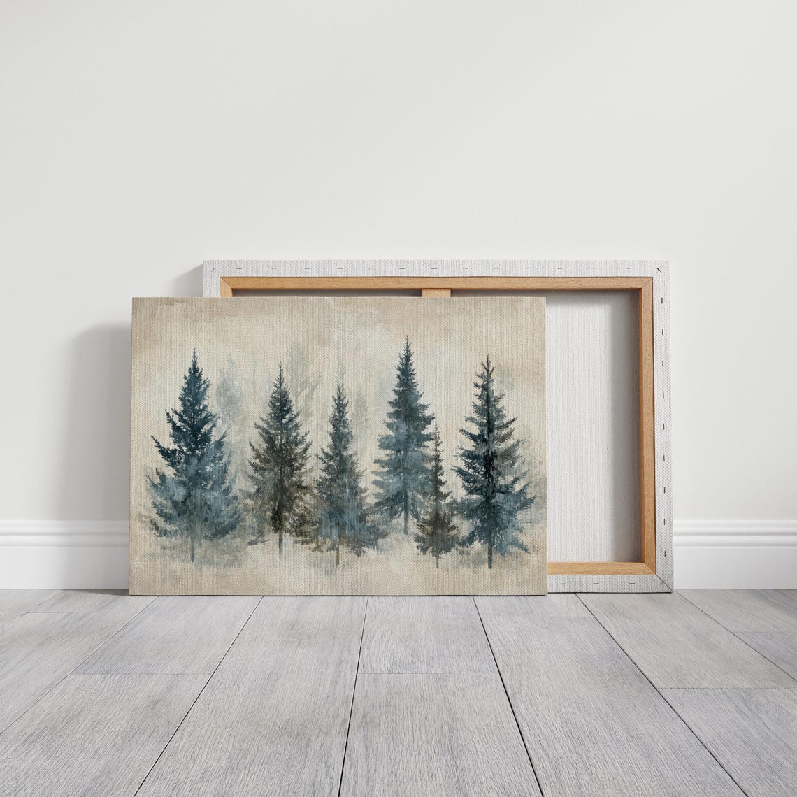Minimalist Watercolor Blue Pine Trees In Soft Winter Fog Poster - Image 7