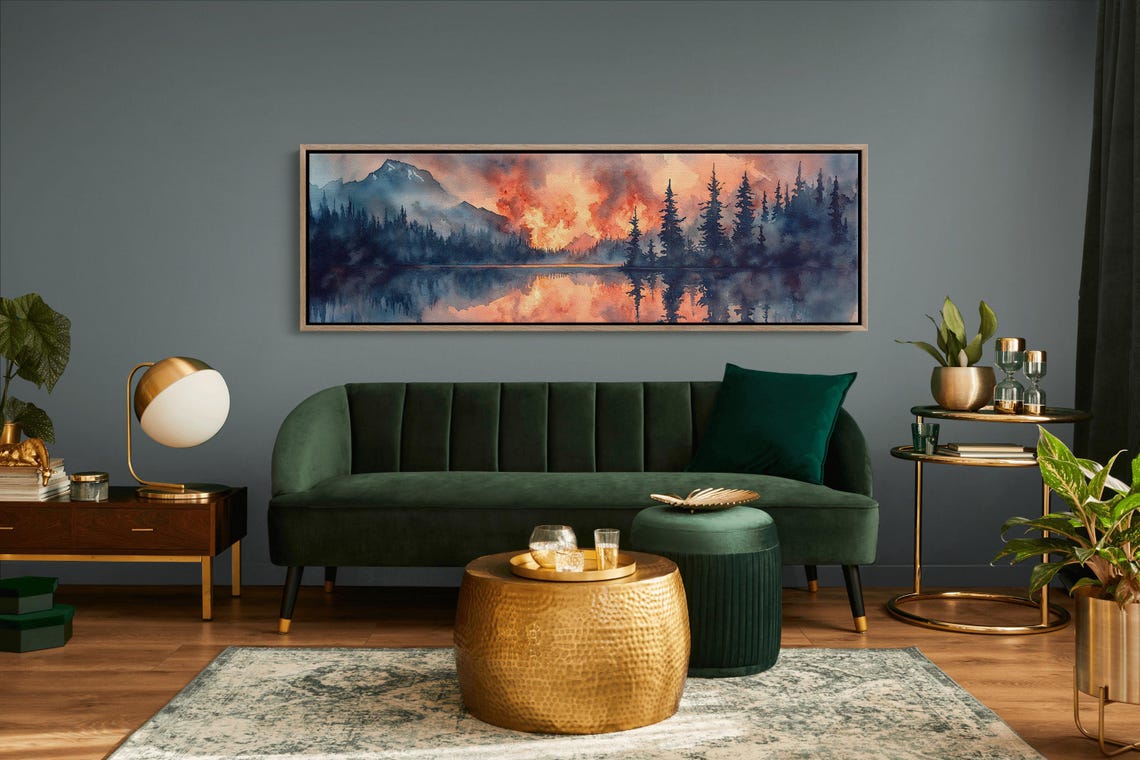 Mountain Forest Fire Reflection Dramatic Landscape Wall Art With Fiery Sunset Over Misty Trees And Mountain Peaks - Image 5