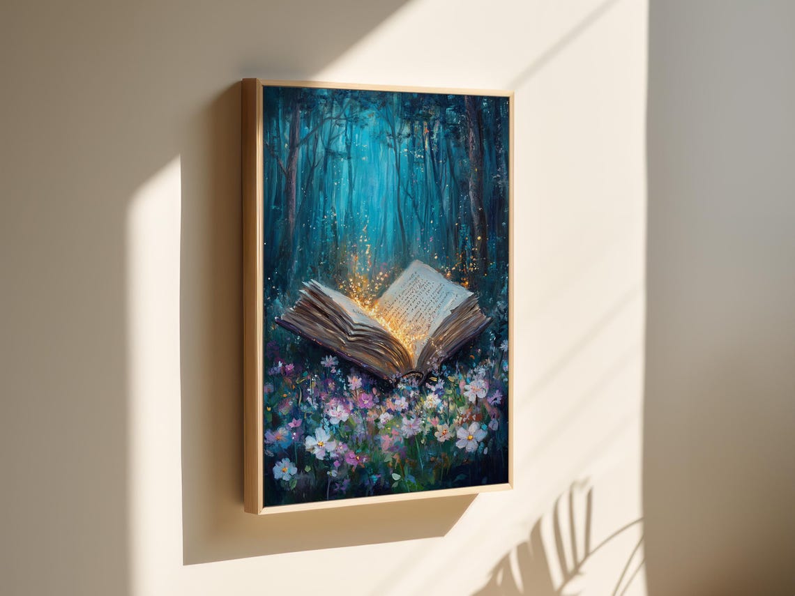 Magical Glowing Open Book in Moonlit Forest With Wildflowers Poster - Image 5