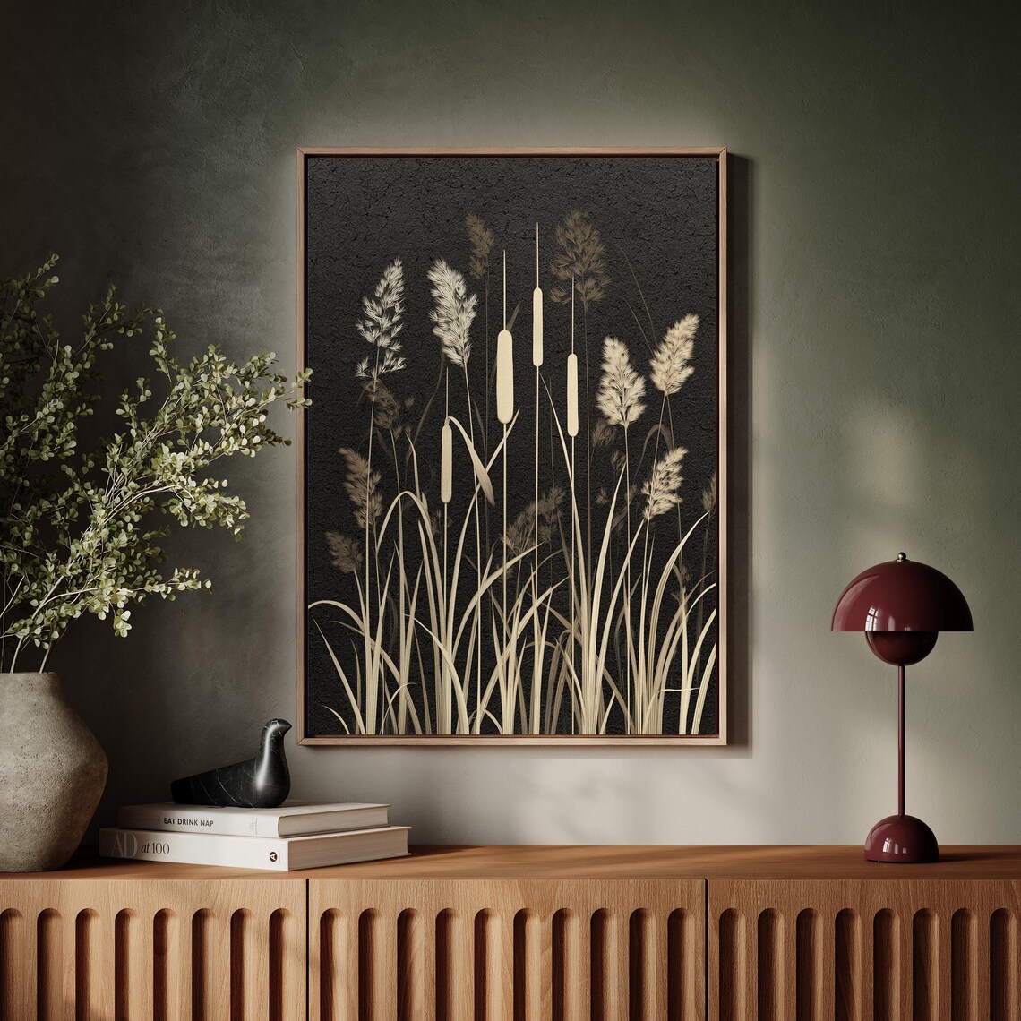 Cattail And Grass Silhouette Canvas Modern Botanical Wall Art