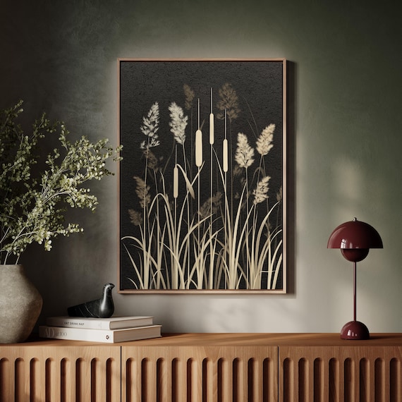 Cattail And Grass Silhouette Canvas Modern Botanical Wall Art