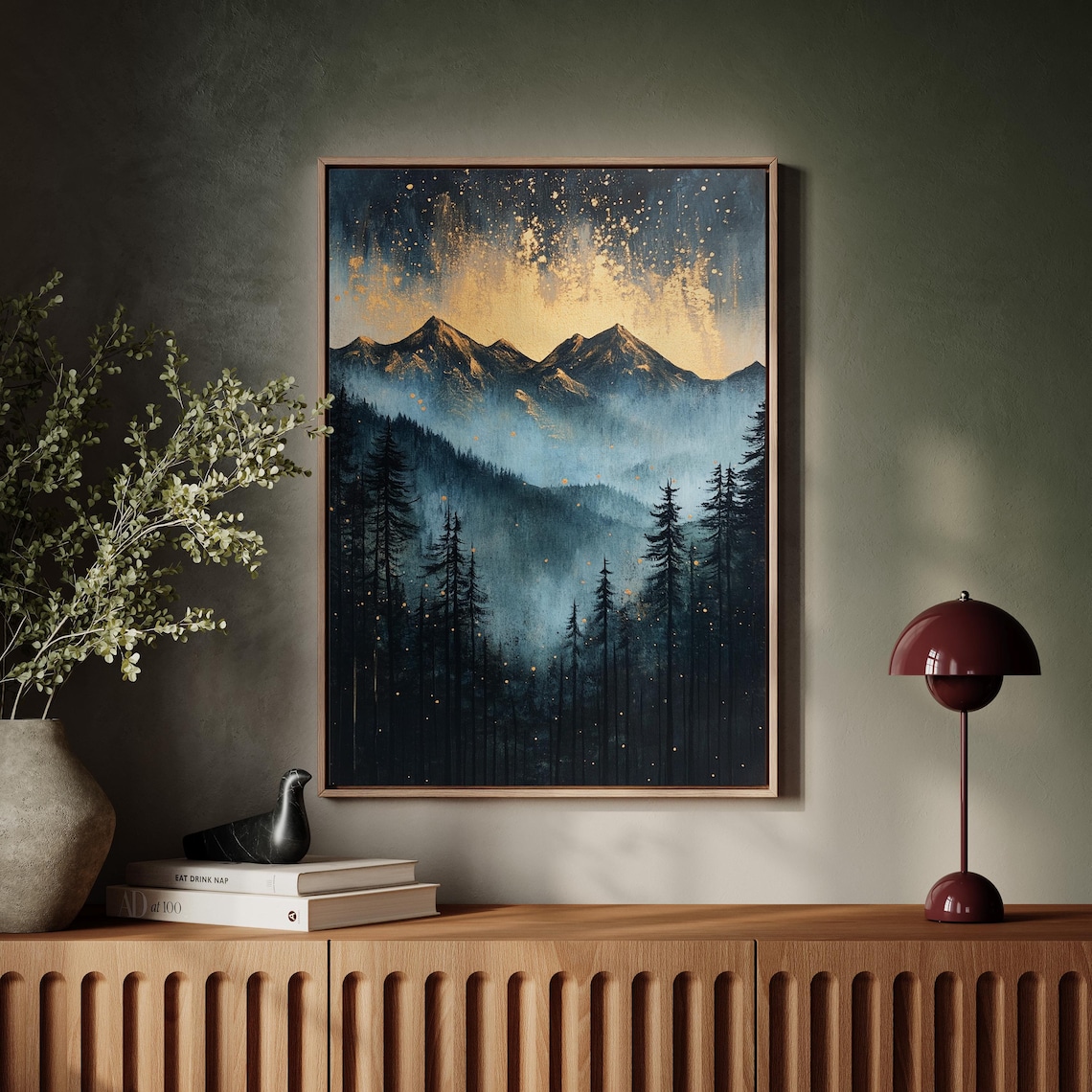 Golden Mountain Glow Misty Forest Landscape, Starry Sky - Image 5