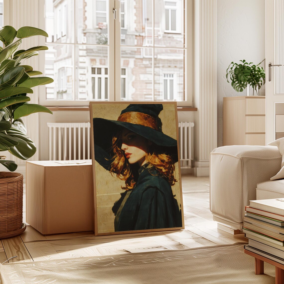 Woman with Auburn Hair in Navy Wide Hat Moody Oil Portrait Poster