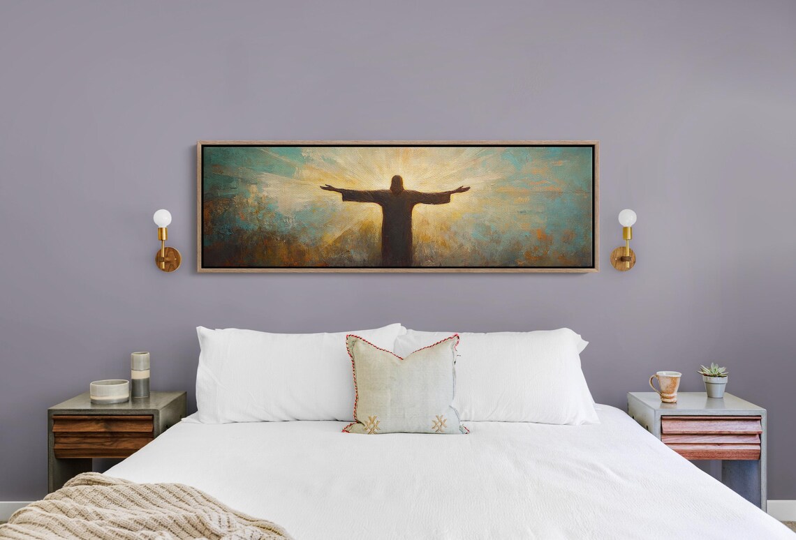 Jesus Christ Silhouette Outstretched Arms Radiant Golden Light Poster - Image 5