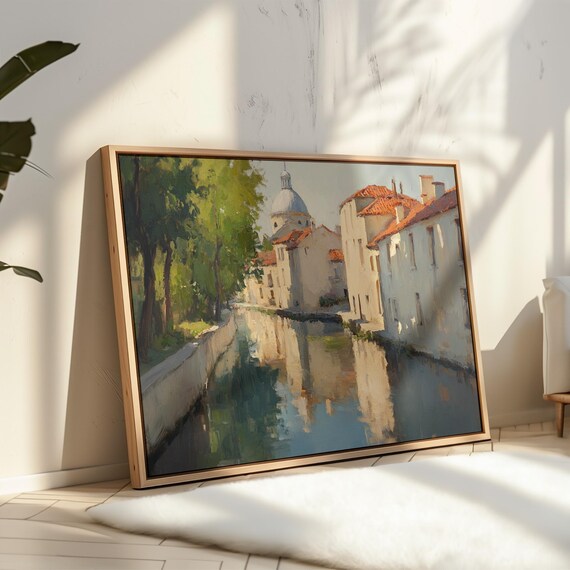 Mediterranean Canal Old Town Waterfront Domed Church European Scene Poster