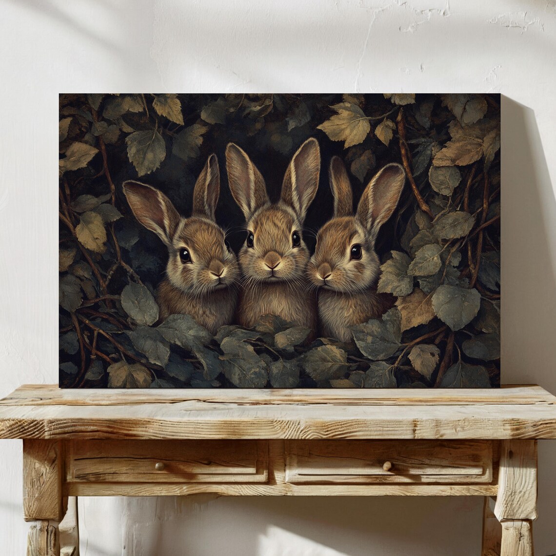Three Baby Bunnies Peeking Through Dark Woodland Foliage Poster - Image 7